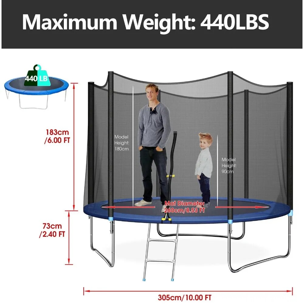 10 Foot Blue Trampoline With Enclosure [ 440 LBS Capacity ]