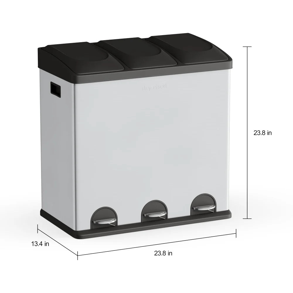 16 Gallon 3 Compartment Stainless Steel Trash and Recycling Bin