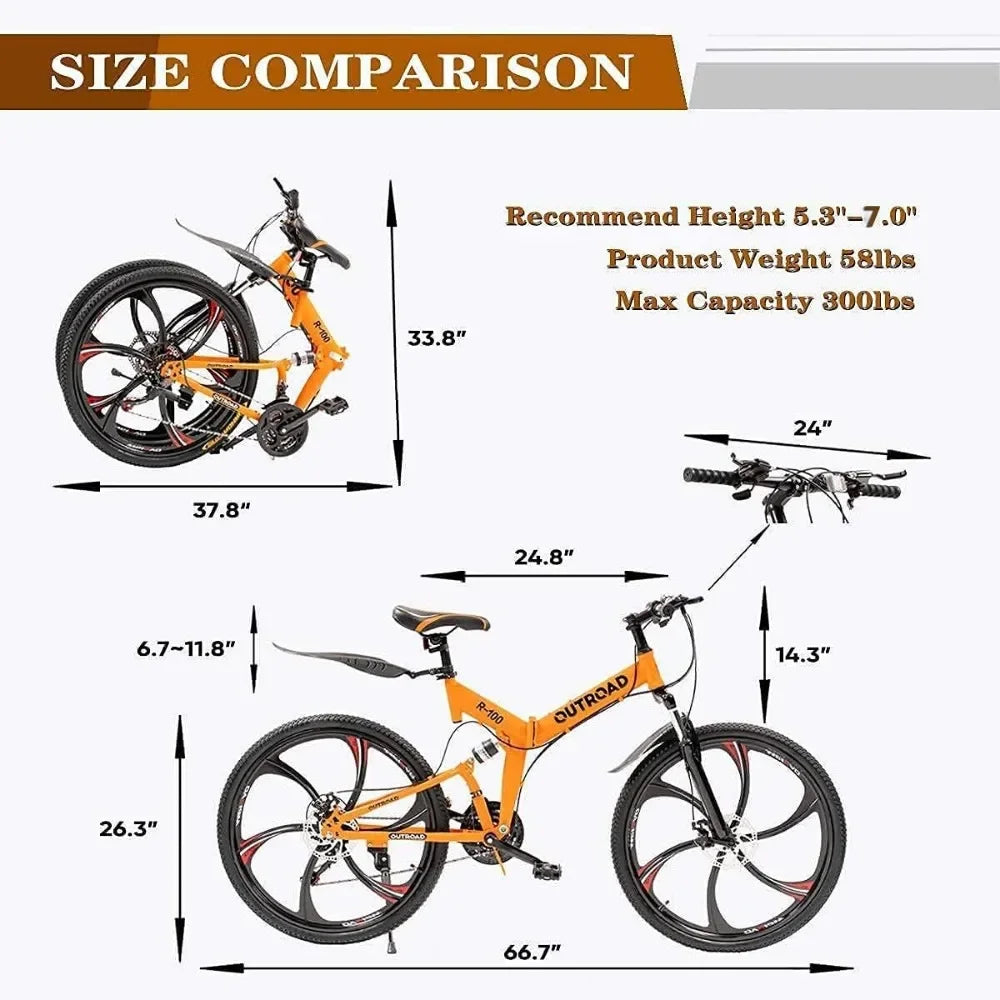 26 INCH Tire 21 Speed Full Suspension Outroad  Folding Mountain Bike [ HIGH CARBON STEEL ]